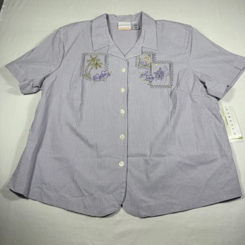 Alfred Dunner Siesta Key Shirt 22W Lilac Striped Tropical Embroidered Stretch